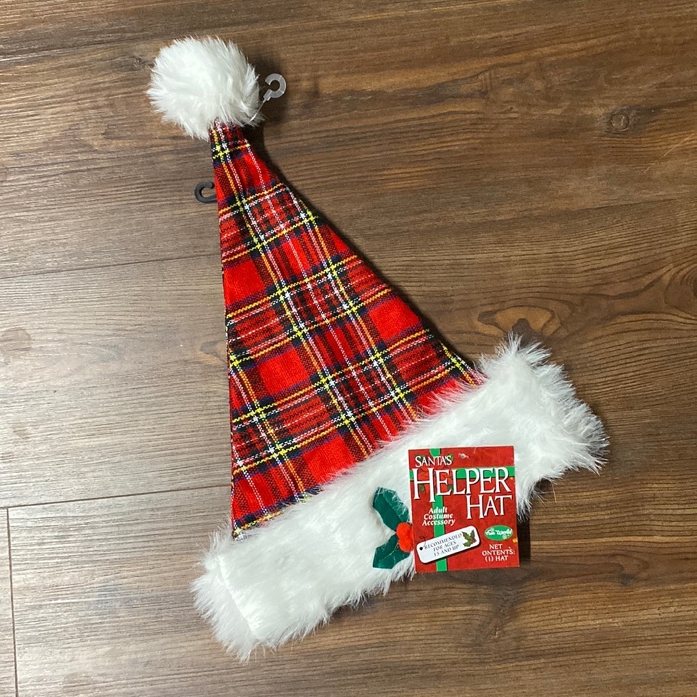 Plaid Santa Helper Christmas Hat OS Red Tartan Faux Fur Trim Holiday Costume
